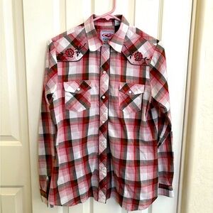 Women’s Roper Red and White Plaid Shirt with flower embroidery M